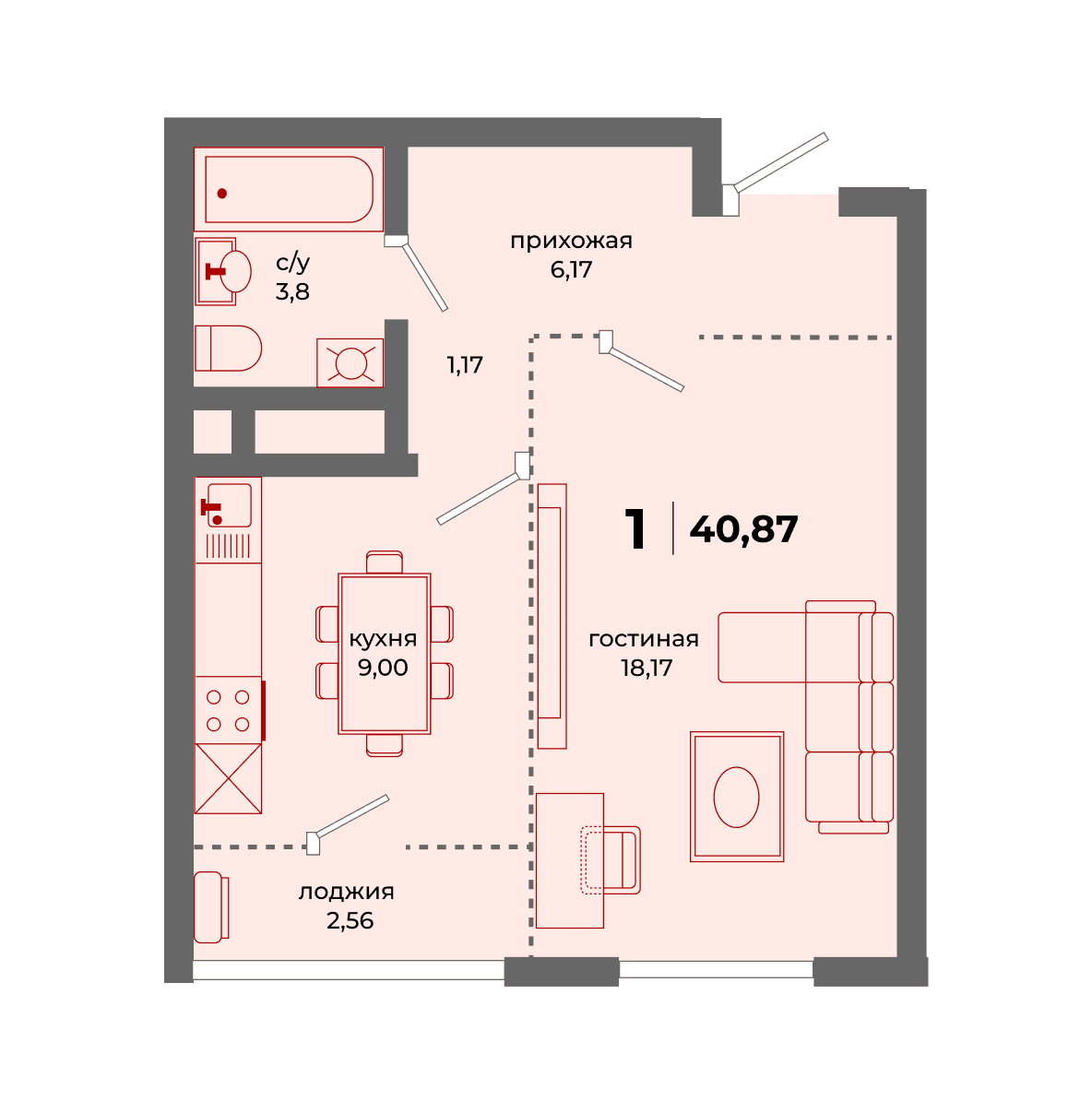 Планировка 1-комн., 40.87 м²
